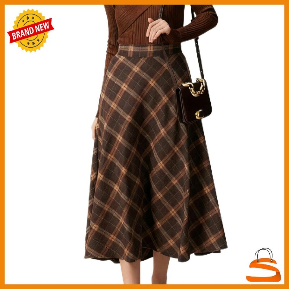 High Waist A-Line Plaid Midi Skirt Vintage Tartan Flared Pleated
